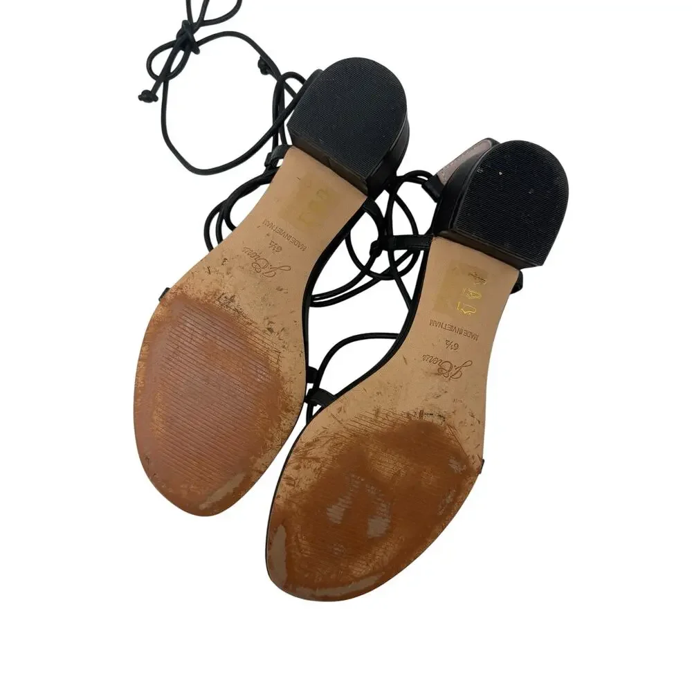 J.Crew Leather Low Heel Lace Up Strappy Ankle Wrap Sandals Black Size 6.5